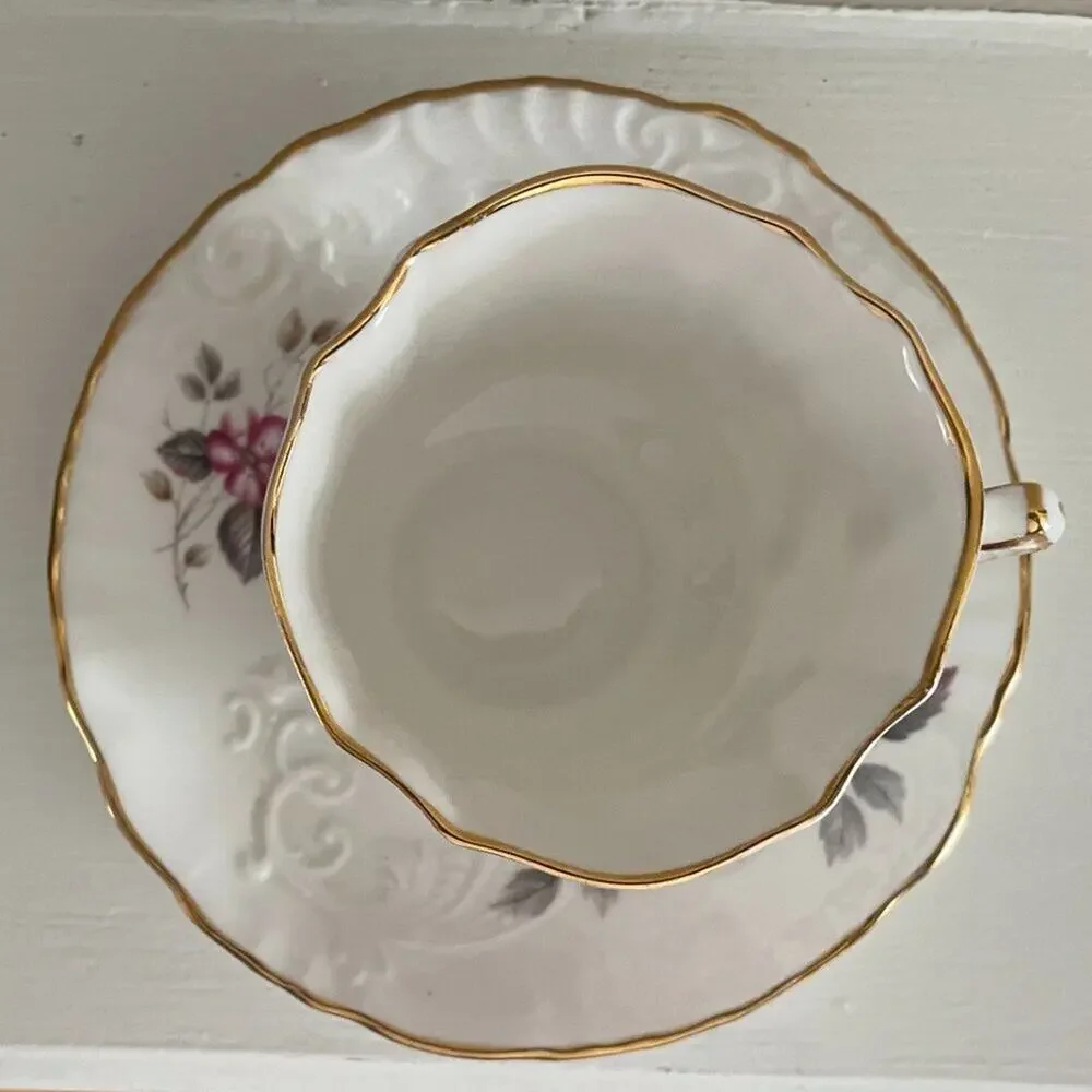 VTG Hammersley, Spode, Fine Bone China Teacup & Saucer, Floral, Pink, Gray